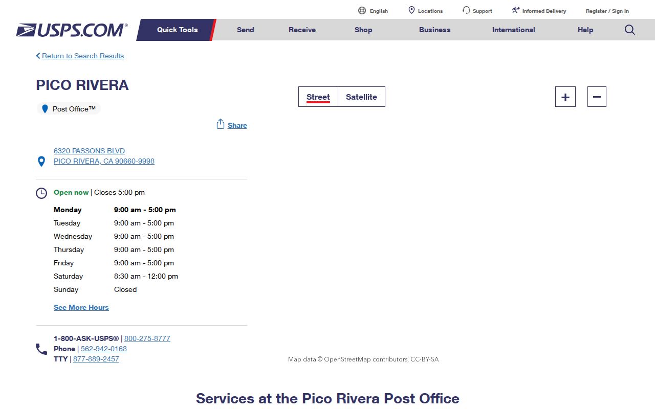 Pico Rivera street directory reference to the local USPS post office
